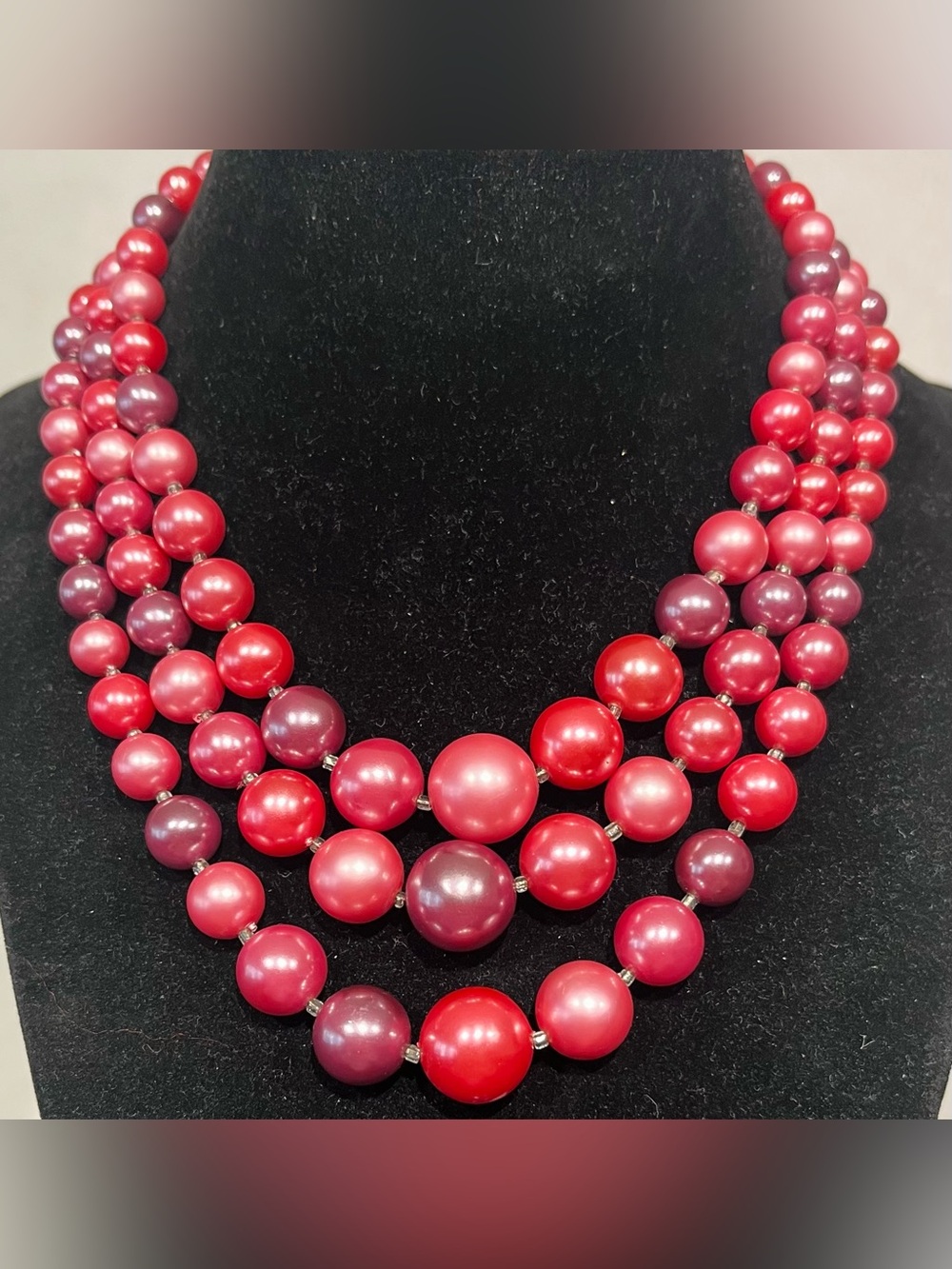 Vintage Triple Strand Red Bead Necklace